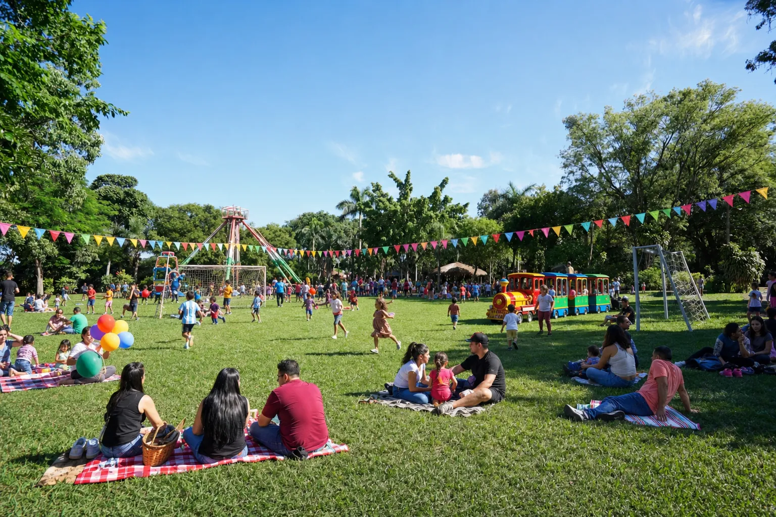 Familias paraguayas disfrutando del día de campo en la Granja Mi Retiro durante el San Juan, con juegos y banderines.